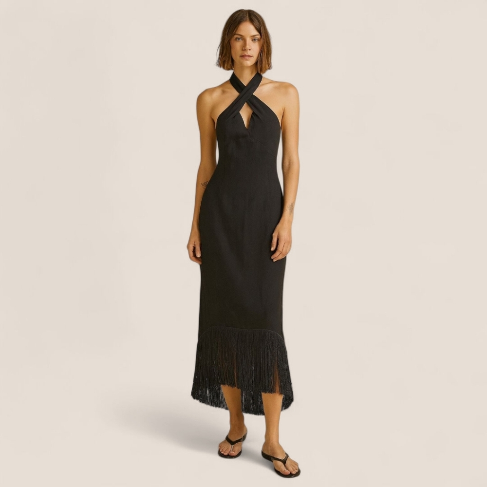J. Crew Black Crepe Halter Midi Dress | Fringe Hem Cocktail Party Style NWT | 10